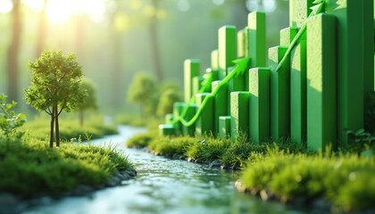 Green bar chart graph with upward trend arrow amidst lush forest landscape and flowing river. Reflects eco friendly finance growth and sustainable development in nature. Represents green investment.