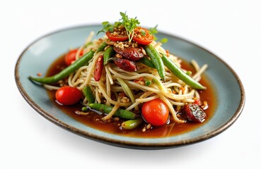 Spicy thai green papaya salad served on plate. Fresh vegetables like tomatoes, green beans, peanuts mixed with noodles and chili sauce. Popular asian street food.