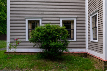 On a tan wooden wall, two double-hung windows with black wood frames and multiple glass panes. The...