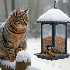 A tabby cat sits attentively beside a snow-covered bird feeder, where a small bird perches among the falling seeds