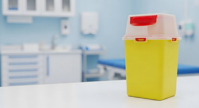 Bright yellow sharps waste container standing on a sterile white table in a modern medical office for essential healthcare safety concept