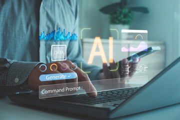 Modern workflow with AI data visualization and digital analytics displayed over a laptop as a professional uses technology to generate insights and automate tasks in a smart business environment.