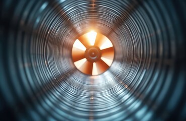 View into metal air duct with active fan blades. Smooth airflow circulation inside ventilation system tunnel. Industrial interior or extraction setup.