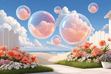 Fototapeta premium Surreal landscape with floating bubbles over grassy dunes and vibrant wildflowers under a blue sky