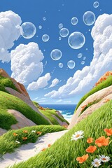Fototapeta premium Vibrant hillside landscape with orange flowers, green slopes, and surreal bubbles in a blue sky