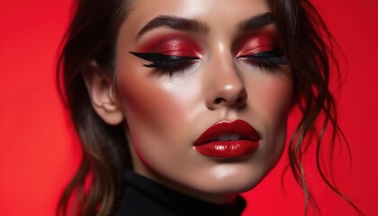 Fototapeta premium Woman with dramatic red eye makeup and bold glossy lips. She has winged eyeliner and full lashes. Her face has high cheekbones and glowing skin. The background is red.