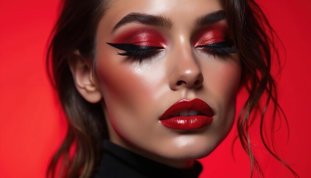 Woman with dramatic red eye makeup and bold glossy lips. She has winged eyeliner and full lashes. Her face has high cheekbones and glowing skin. The background is red.