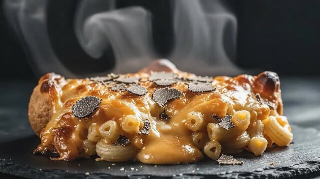 Delicious Truffle Mac and Cheese with Steam on Black Slate Plate