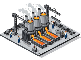 Isometric vector 3D view of a steel factory with furnaces and molten metal, depicting heavy industry manufacturing processes