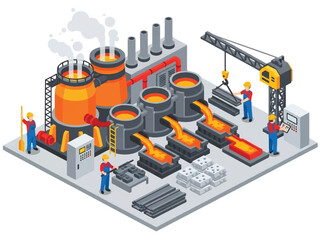 Isometric vector 3D view of a steel factory with furnaces and molten metal, depicting heavy industry manufacturing processes