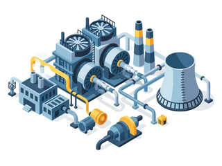 Isometric vector 3D view of an industrial power plant with turbines and control rooms, representing large-scale energy production