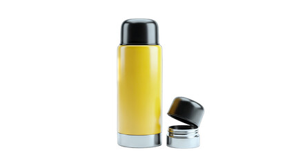 Yellow Thermos Bottle with Open Lid Isolated on White
