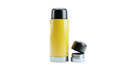 Yellow Thermos Bottle with Open Lid Isolated on White