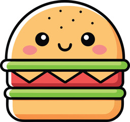 Minimal Kawaii Burger Icon with Clean Outline Vector Design