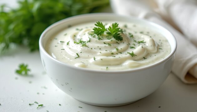 Creamy white ranch dressing with fresh herbs in a bowl. This savoury sauce is perfect for dipping vegetables, chicken wings, or as a salad dressing. A versatile condiment.