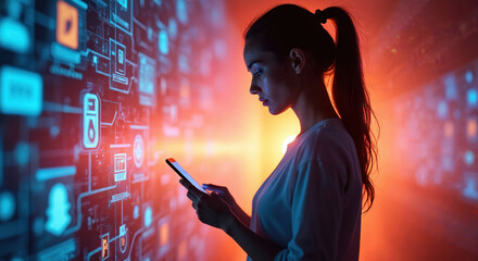 Young woman uses tablet computer in dark room with digital screen interface. She interacts with glowing icons, graphs, and social media symbols on tech display. Futuristic background with data.