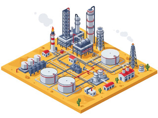 Isometric vector 3D view of an oil and gas refinery complex with pipelines and tanks, illustrating energy and petrochemical industry operations