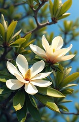 Fototapeta premium White magnolia blossoms on branch with green leaves on sunny day, bright blue sky background. Summer flora detail, nature beauty, botanical garden.