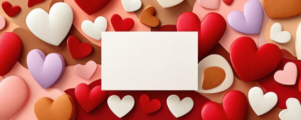 Blank white card centered among colorful hearts for Valentine’s Day, love, and romance
