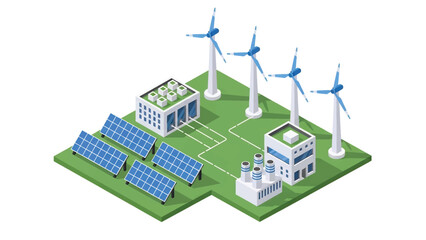 Isometric vector 3D view of a renewable energy factory with solar panels and wind components, illustrating sustainable industrial production