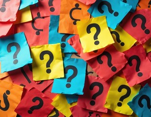 Pile of colorful paper notes with large black question marks scattered across surface. Many different colors used like red, yellow, blue, and orange. Represents uncertainty and need for answers.