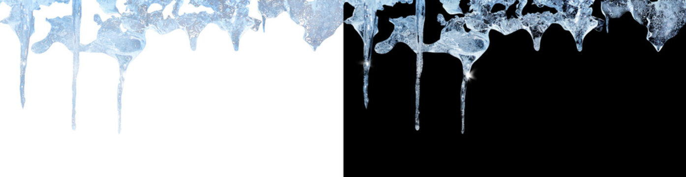 Hanging transparent icicles with highlights. isolated on black background. Exellent to use it as overlay over your image via Screen or Lighten adjustment layer in photoshop