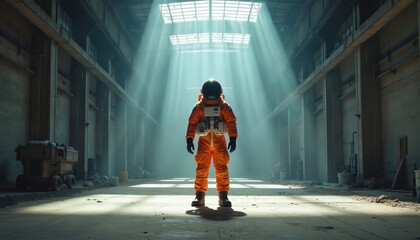 Man in orange spacesuit stands inside vast industrial hangar. Bright light beams descend from ceiling windows illuminating dusty concrete floor. A wheeled cart sits to the left side.