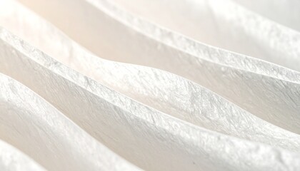 Close-up view of a white pleated material with a textured, fibrous surface showing wavy folds and shadows.