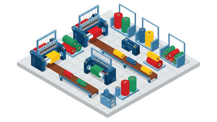 Obraz premium Isometric vector 3D view of a textile manufacturing factory with weaving machines and fabric rolls, representing traditional industry production