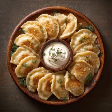 Golden Pierogi Delight: A rustic wooden platter adorned with a ring of perfectly golden pierogi, cradling a creamy dollop of fresh sour cream, an enticing display of culinary comfort.