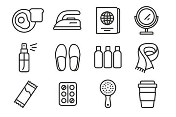 Vector mist icons passport toiletry travel pack essentials icon scarf mirror bar