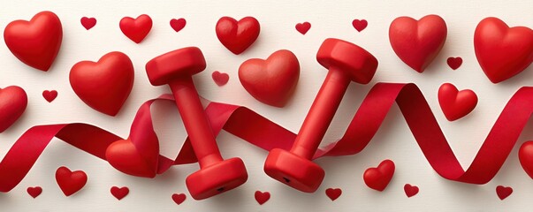 Valentine's fitness gift: red dumbbells with ribbon and hearts for love and wellness