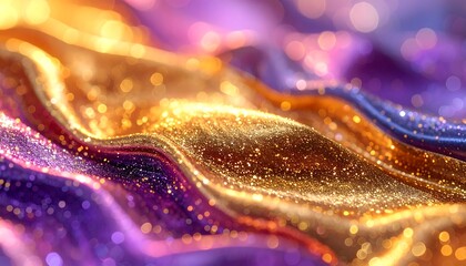 Close-up of shimmering, wavy fabric with golden and purple glitter and bokeh effects.