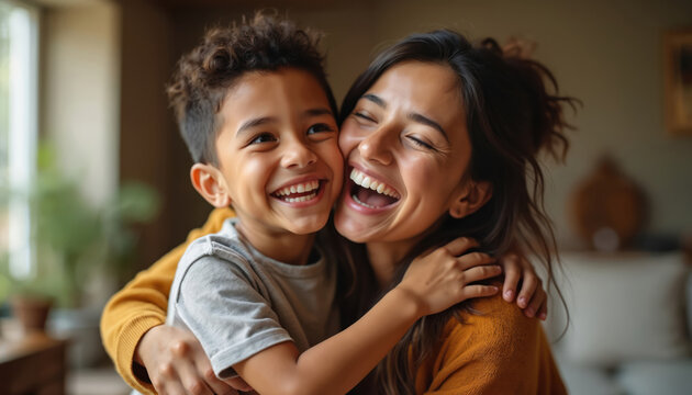 Mother and son embrace with unrestrained joy. Their happy laughter fills room, showing strong family bond and love. Authentic moment of pure connection and fun.