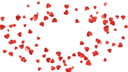 A vibrant array of small red hearts scattered and floating, forming a larger heart shape against a white background, symbolizing love and romance.