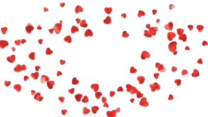 A vibrant array of small red hearts scattered and floating, forming a larger heart shape against a white background, symbolizing love and romance.