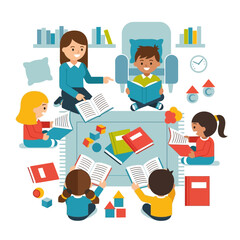 A teacher and young children are happily reading books together in a vibrant, cozy classroom setting.