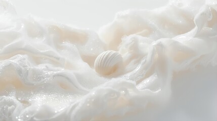 Lustrous pearl nestled in soft flowing fabric with delicate sparkles. Cloud Dancer 2026 aesthetic celebrates pure elegance, tactile luxury and dreamy sophistication for premium brands.