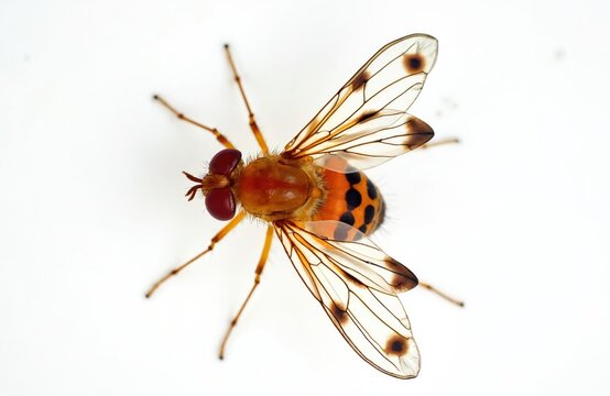 Close up of spotted winged drosophila fly. This insect is a pest that damages fruit crops. Small brown spotted wings transparent body. Red eyes antennae legs isolated on white.