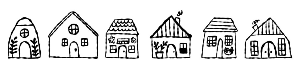 Row of hand drawn houses in Scandinavian doodle style. Simple black line drawing on white background. Vector illustration on an isolated background.