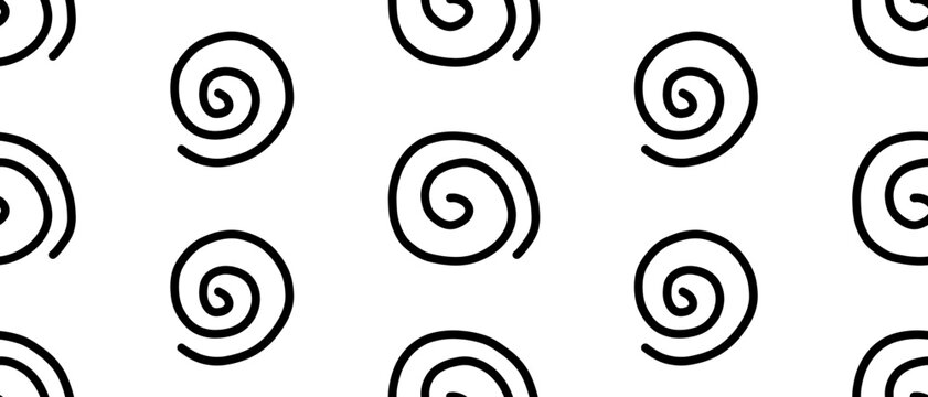 Seamless pattern with black hand drawn spirals on white background. Modern doodle texture adds movement and playful energy. Vector illustration on an isolated background.