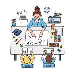 A female teacher instructs two young students in a classroom setting, explaining a math problem on a whiteboard with various school supplies on the desk.