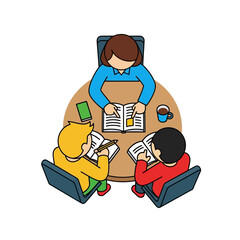 Teacher and two students reading books together at a round table, engaged in a study session with guidance.
