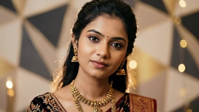 young indian - A young woman in traditional attire poses confidently, adorned with elegant jewelry, a subtle smile on her face, against a backdrop of geometric patterns and soft lighting