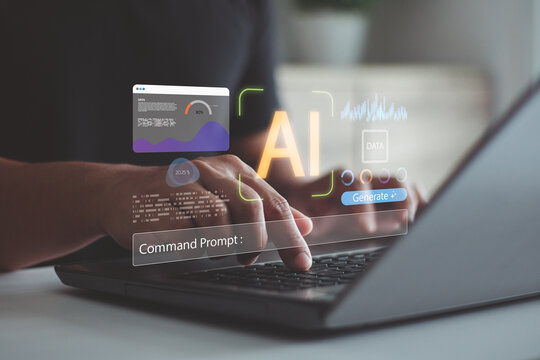 AI technology concept. Person hand typing on laptop keyboard, virtual interface icon. Artificial intelligence, data analytics, automation, digital innovation for modern business, software development. - Powered by Adobe