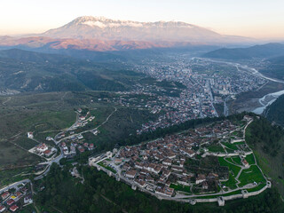 Albania Berat city and tomorrow mountain view from castle wall old Illyrian stronghold