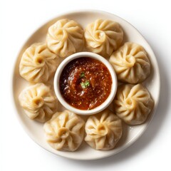 Steamed Momo with Chili Sauce: A plate of appetizing steamed momos, beautifully arranged around a central bowl of vibrant chili sauce, offers a tantalizing visual for culinary enthusiasts.