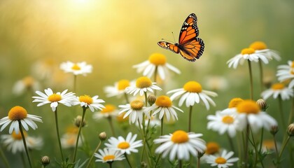 Orange monarch butterfly flies over white daisies in sunlit meadow. Soft green nature background creates peaceful mood. Wildflowers bloom with delicate petals.