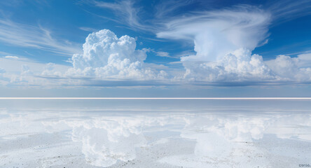 Serene white salt lake under vibrant blue sky with fluffy clouds