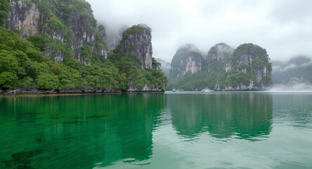 Majestic limestone cliffs rising from emerald green waters on a misty day